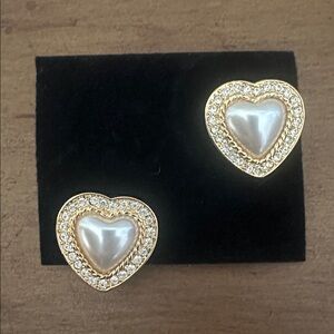Vintage Gold Tone Faux Pearl Heart Shaped Pierced Earrings
